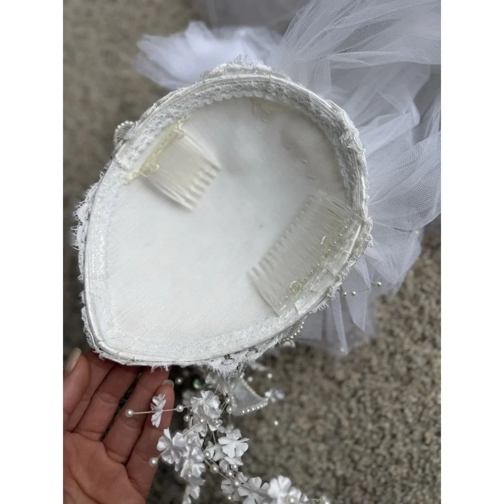 Vintage bohemian Bridal Hat Veil White Lace Beaded Floral Wedding 30